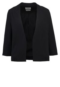 Blazer court noir en tissu lisse avec un large devant ouvert, design minimaliste, manches 3/4, sans fermetures apparentes.
