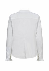 Weißes Langarmhemd mit Rückenpasse, gefalteten Manschetten und glatter Textur. Verfügt über einen klassischen Kragen und einen abgerundeten Saum.