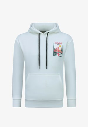 Witte hoodie gemaakt van een katoenmengeling, met een zwarte trekkoord, een voorzak en een grafisch ontwerp met "CASA" en een zonsondergangscène.