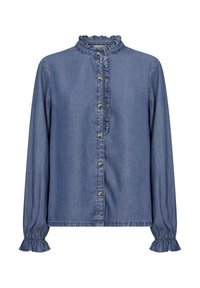 Denim blouse met een gerimpelde kraag, knoopsluiting aan de voorkant en gathered cuffs. De stof is een middelblauwe tint met een gladde textuur.
