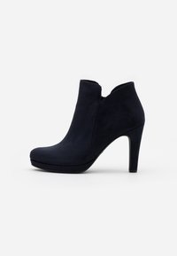 Black suede women's ankle boot with 3-inch high heel and slightly curved top edge, shown from the side on a white background.