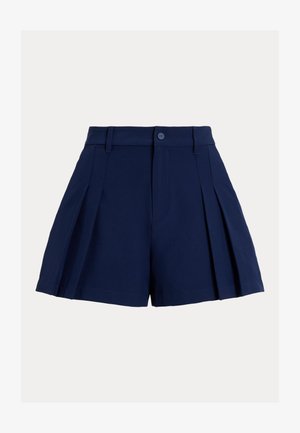 Granatowe szorty z wysokim stanem, z zapięciem na guziki z przodu, szlufkami na pasek, przeszytymi fałdami po obu stronach i czystym wykończeniem dolnej krawędzi.