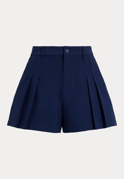Tmavomodré šortky s vysokým pásom, zapínaním na gombíky vpredu, opaskovými slučkami, prešitými záhybmi na oboch stranách a čistým lemom.