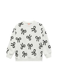 Sudadera de manga larga blanca con textura acanalada y patrones de lazo negro impresos de manera uniforme en la parte delantera, las mangas y la parte trasera.