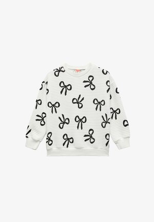 Hvid ribbet sweatshirt med lange ærmer, med sorte sløjfemønstre jævnt trykt over fronten, ærmerne og ryggen.