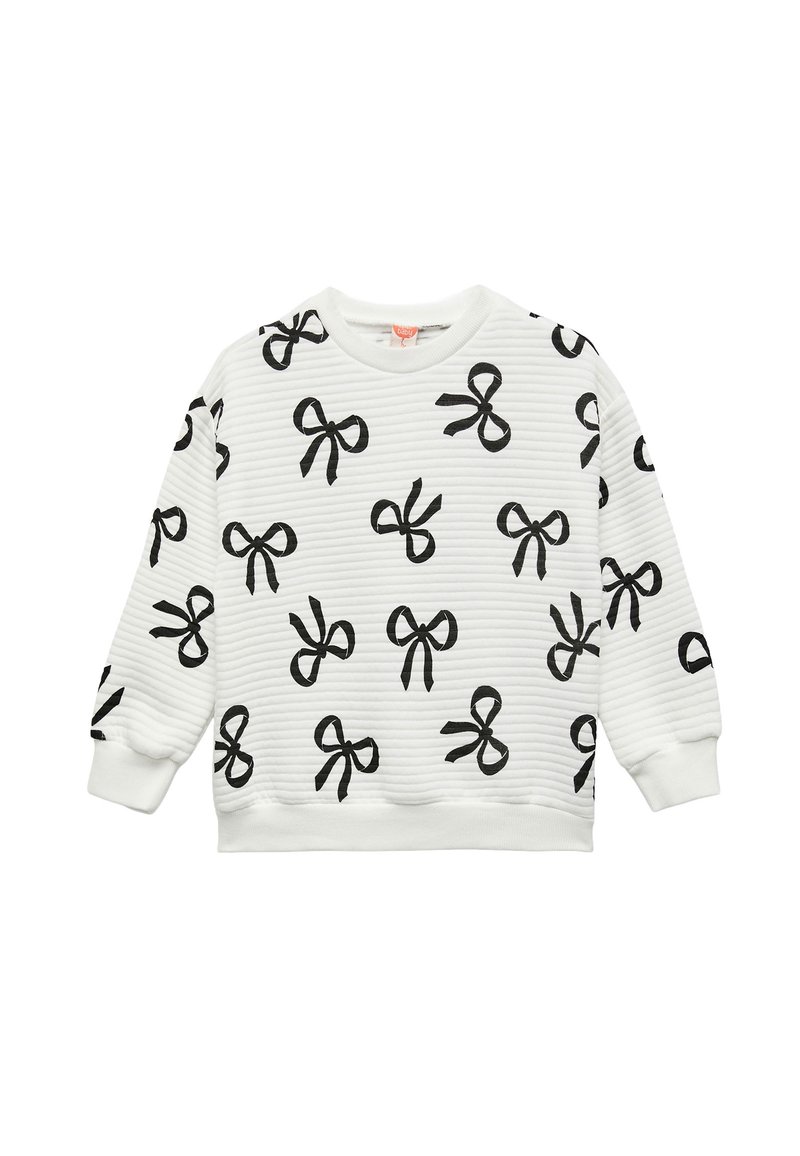 Sudadera de manga larga blanca con textura acanalada y patrones de lazo negro impresos de manera uniforme en la parte delantera, las mangas y la parte trasera.