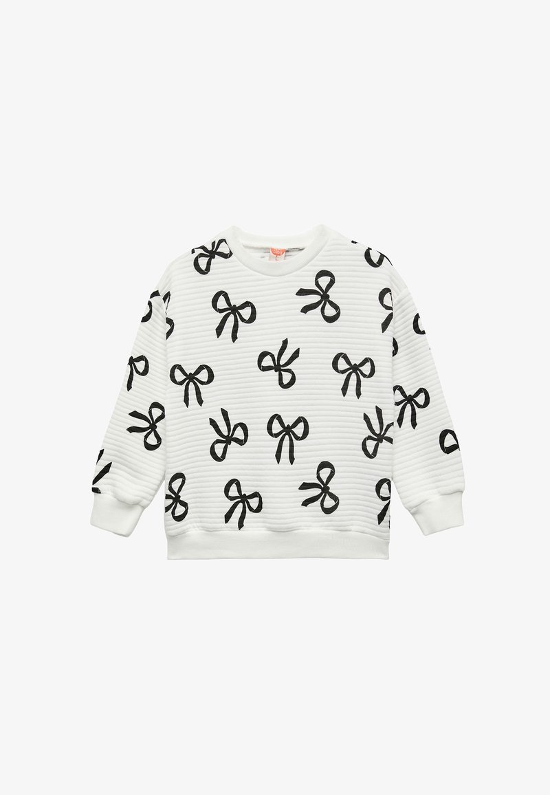 Sudadera de manga larga blanca con textura acanalada y patrones de lazo negro impresos de manera uniforme en la parte delantera, las mangas y la parte trasera.