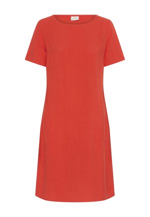Czerwona sukienka krótkozasięgowa z okrągłym dekoltem, o prostym kroju i bocznymi kieszeniami. Wykonana z gładkiego, lekkiego materiału.