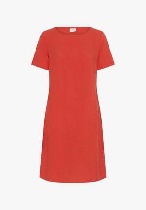 Czerwona sukienka krótkozasięgowa z okrągłym dekoltem, o prostym kroju i bocznymi kieszeniami. Wykonana z gładkiego, lekkiego materiału.