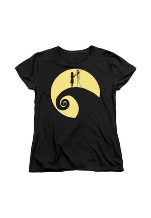 Schwarzes T-Shirt mit einem gelben, kreisförmigen Grafikdesign, das ein Mädchen und ein Skelett auf einem spiralförmigen Hügel zeigt, und bietet ein Silhouetten-Design.