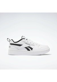 Baskets blanches avec des accents noirs, en cuir lisse, à bout rond, semelle en caoutchouc texturé, et marque Reebok sur le côté.