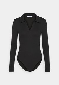 Body nero a maniche lunghe con texture a coste, dotato di colletto e scollatura profonda a V. Il design prevede una vestibilità aderente e una parte bassa a taglio deciso.