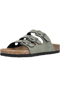 Grüne Wildleder-Sandalen mit drei verstellbaren Riemen, Metall-Schnallen und Korkfußbett, ausgestattet mit einer strukturierten schwarzen Gummisohle.
