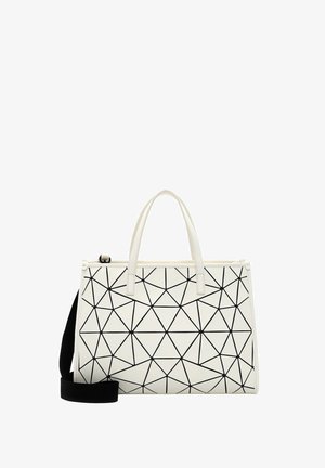 Hvid håndtaske med sort geometrisk mønster, der har to top-håndtag og en aftagelig sort skulderrem. Fremstillet af glat materiale.