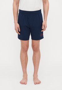 Mørkeblå shorts med elastisk midje og en liten rød logodetalj. Laget av et glatt stoff, med et enkelt, klassisk design.