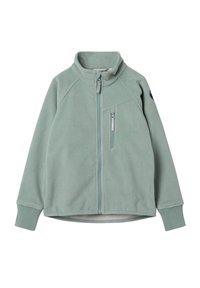 Fleece-takki vaaleanvihreänä, jossa on täyspitkä vetoketju, korkea kaulus, sivutasku ja ribbaattiset hihansuut. Takissa on logo vasemmassa ylähiressä.