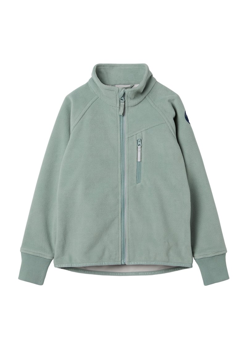 Fleece-takki vaaleanvihreänä, jossa on täyspitkä vetoketju, korkea kaulus, sivutasku ja ribbaattiset hihansuut. Takissa on logo vasemmassa ylähiressä.