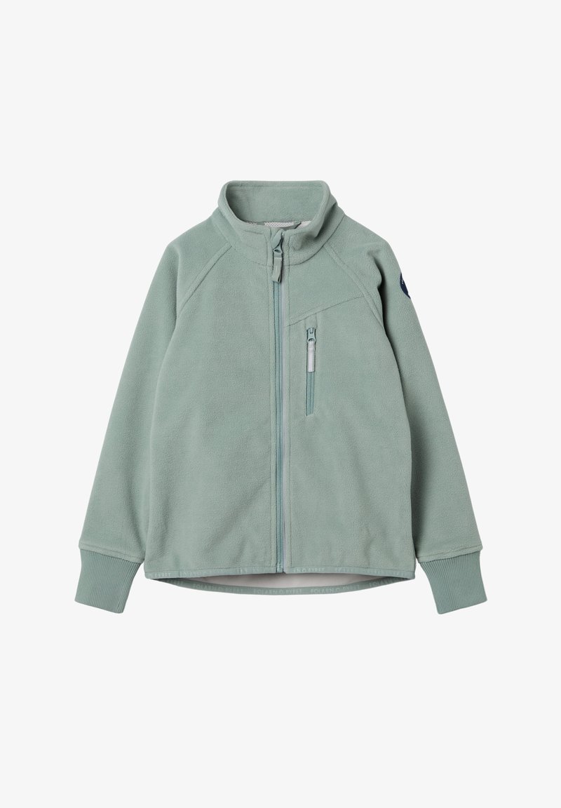 Fleece-takki vaaleanvihreänä, jossa on täyspitkä vetoketju, korkea kaulus, sivutasku ja ribbaattiset hihansuut. Takissa on logo vasemmassa ylähiressä.