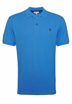 Blaues Poloshirt aus Baumwolle mit einem zwei-knöpfigen Ausschnitt, kurzen Ärmeln und einem kleinen gestickten Logo auf der Brust.