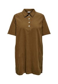 Robe en velours côtelé marron avec un col, des manches courtes et un plastron à boutons comportant quatre boutons ronds. Des fentes latérales améliorent le mouvement.