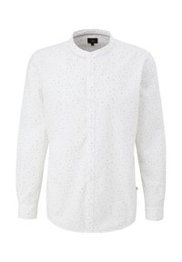 Bílá košile s dlouhými rukávy s jemným vzorem malých šedých tvarů, band collar a zapínáním na knoflíky. Hladká textilie.