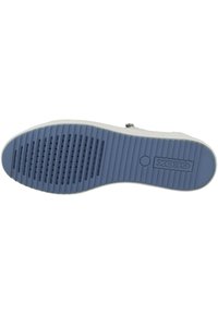 White shoe sole with deep blue rubber, featuring horizontal grooves, perforations for traction, and "Geox" branding on the side.
