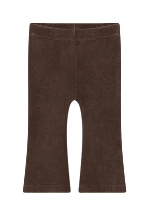 Bruine corduroy peuterbroek met elastische tailleband en iets uitlopende pijpen, plat gelegd op een witte achtergrond.