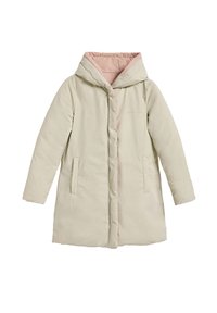 Cappotto imbottito beige chiaro con fodera rosa, cappuccio, due tasche laterali e chiusura centrale con zip. Presenta un logo discreto sul petto.
