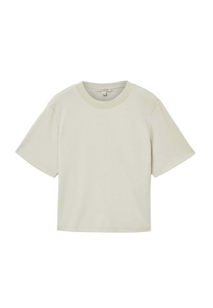 Cremefarbenes, kurzärmeliges, kurz geschnittenes T-Shirt mit Rundhalsausschnitt, einfacher Naht und einem kleinen Stoffetikett innen am Kragen.