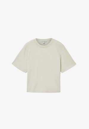 Cremefarbenes, kurzärmeliges, kurz geschnittenes T-Shirt mit Rundhalsausschnitt, einfacher Naht und einem kleinen Stoffetikett innen am Kragen.