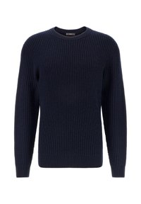 Maglione lavorato a maglia blu navy con una texture a coste, scollo rotondo, maniche lunghe e polsini e orlo elastici. Adatto per un look informale.