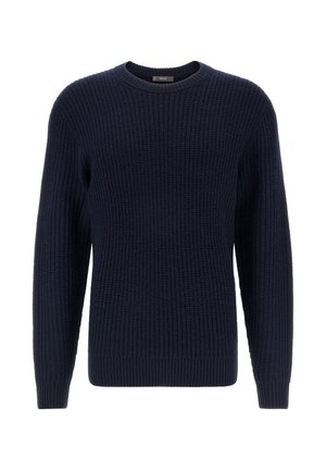 Granatowy sweter wykonany z dzianiny, z prążkowaną teksturą, okrągłym dekoltem, długimi rękawami oraz elastycznymi mankietami i dolnym wykończeniem. Idealny do codziennych stylizacji.