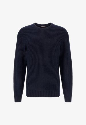 Marineblauer Strickpullover mit gerippter Textur, rundem Ausschnitt, langen Ärmeln sowie elastischen Bündchen und Saum. Geeignet für die Freizeit.