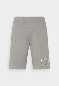 Šedé sportovní šortky s elastickým pasem a logem "NIKE" s azurovým svrškem na dolní části levé nohy.