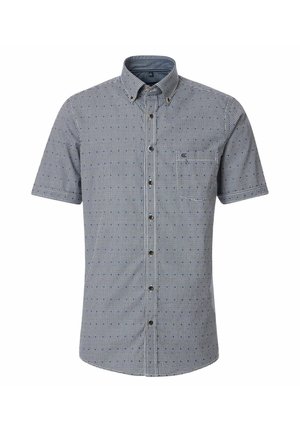 Short-sleeve button-up shirt in navy and white checkered pattern, featuring a chest pocket and a contrasting collar. Cotton blend fabric.