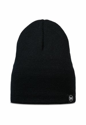 Schwarze Strickmütze mit runder Form. Verfügt über ein kleines, rundes Logoschild an der Seite. Material: weicher, dehnbarer Stoff.