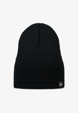Gorro de punto negro tipo beanie con un pequeño parche redondo con el logo de Buff en el borde inferior sobre un fondo blanco.