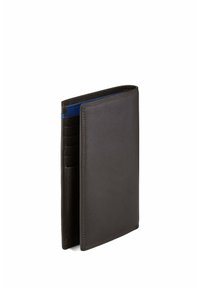 Brown leather wallet featuring a smooth texture, with multiple card slots and a blue accent on the interior edge. Folded design, minimalistic.