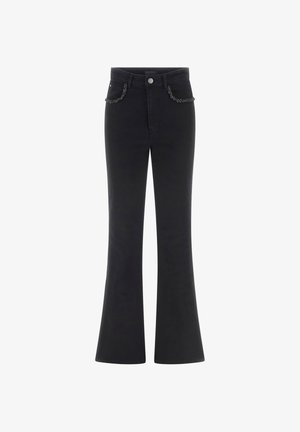 Jean noir taille haute à jambes évasées avec poches avant ornées d'un galon tressé et fermeture par bouton à la ceinture.