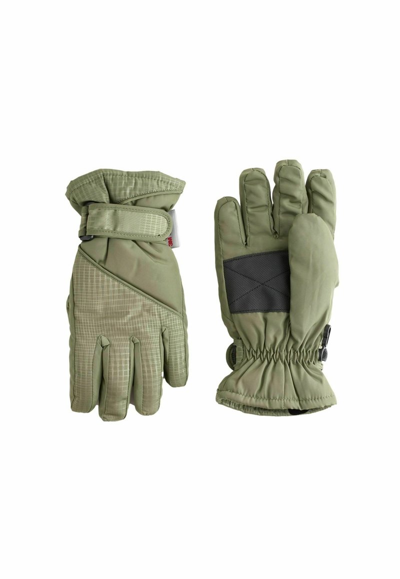 Grüne, isolierte Winterhandschuhe mit einem strukturierten Rautenmuster, verstellbarem Handgelenkriemen und elastischen Bündchen für eine enge Passform. Glatte Oberfläche.