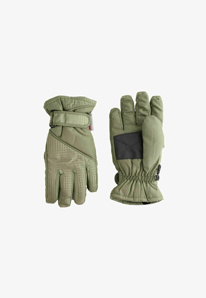 Grüne, isolierte Winterhandschuhe mit einem strukturierten Rautenmuster, verstellbarem Handgelenkriemen und elastischen Bündchen für eine enge Passform. Glatte Oberfläche.