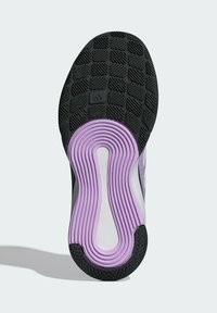 Black and lavender sneaker sole with a textured grip pattern; features a prominent purple wave design and smooth rubber edges.