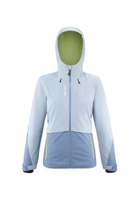 Veste imperméable bleu clair avec une capuche doublée de vert, dotée d'une fermeture éclair à l'avant, de poignets élastiques et d'un panneau inférieur bleu contrastant avec des accents jaunes.