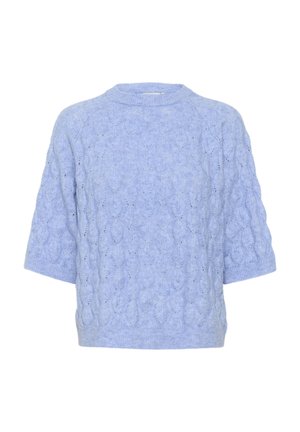 Maglione azzurro chiaro a trecce con maniche corte, collo a giro e motivo testurizzato. Vestibilità morbida e leggermente ampia su tutto il corpo.