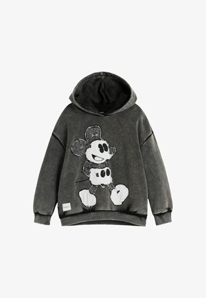 Dunkelgrauer Kapuzenpullover mit einem strukturierten, im Vintage-Stil gehaltenen Cartoon-Charakter auf der Vorderseite und gerippten Bündchen und Saum.