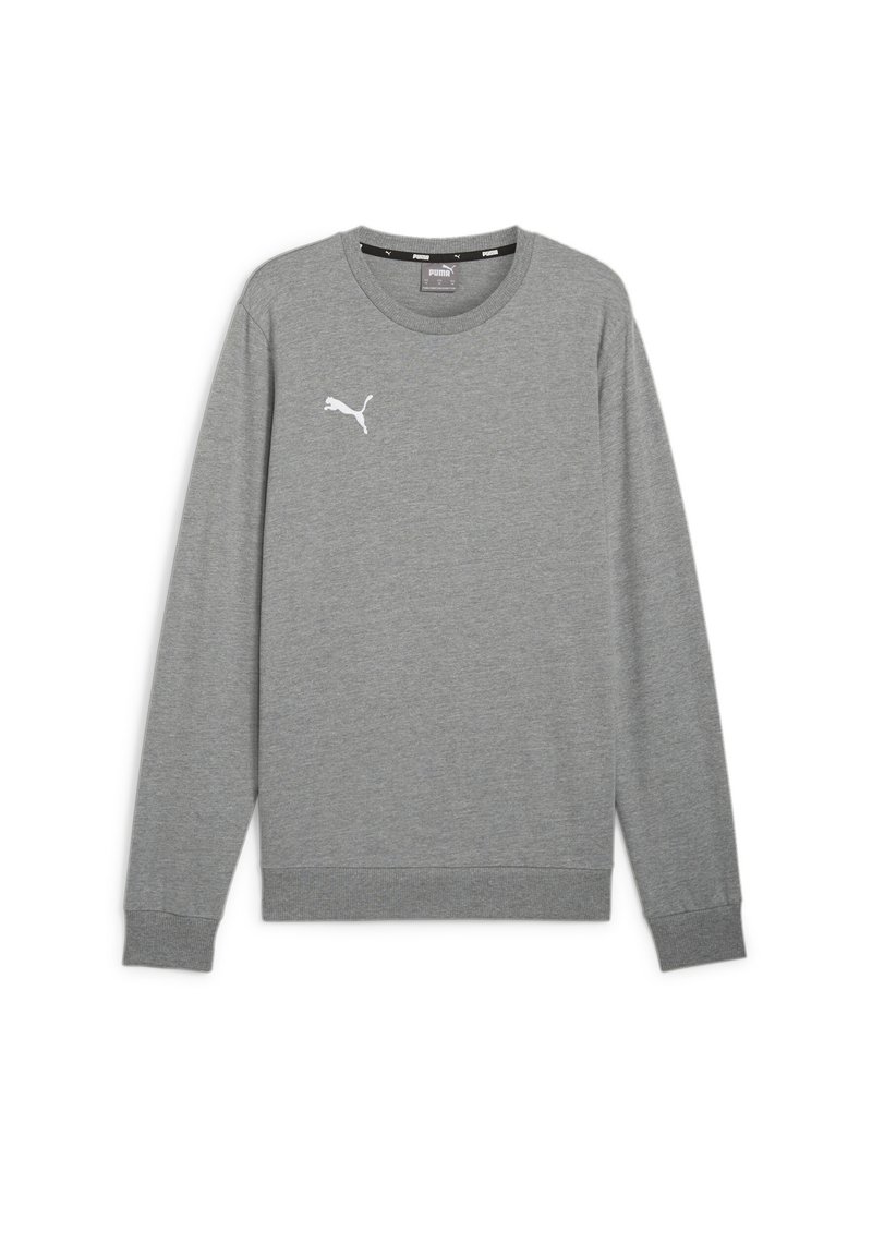 Sivá dlhá mikina s dlhým rukávom vyrobená z jemnej tkaniny, s okrúhlym výstrihom, rebrovanými manžetami a malým bielym logom Puma na hrudi.