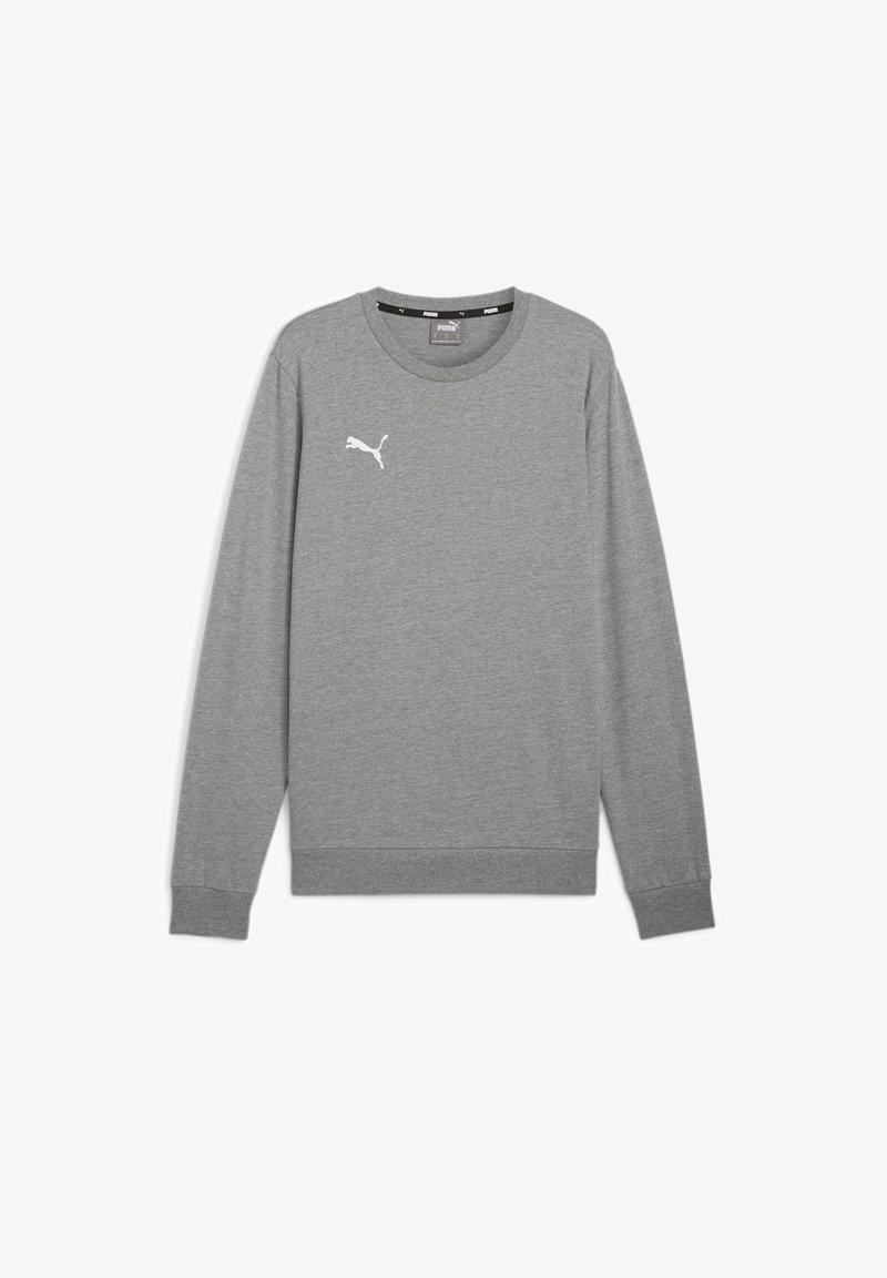 Sivá dlhá mikina s dlhým rukávom vyrobená z jemnej tkaniny, s okrúhlym výstrihom, rebrovanými manžetami a malým bielym logom Puma na hrudi.