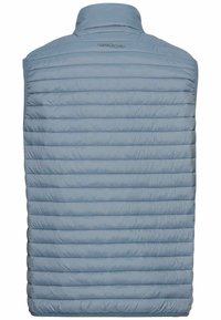 Light blue puffer vest with a high collar, quilted design, and horizontal stitching. Features a logo near the collar and a smooth texture.