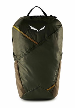 Sac à dos vert et marron avec poignée noire, lignes de fermeture éclair jaunes en diagonale et logo blanc sur le panneau avant.