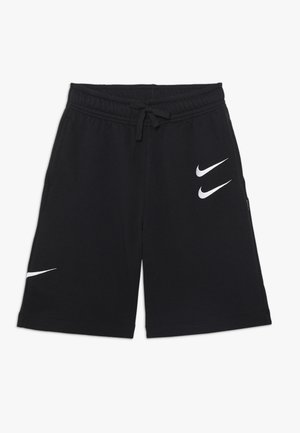 Sorte athletic shorts lavet af blødt stof; har hvide Nike-logoer på forsiden samt elastisk talje med snor.